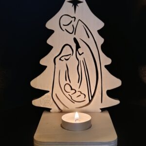 Décoration de Noël représentant la nativité en chantournage sur socle avec emplacement pour bougie